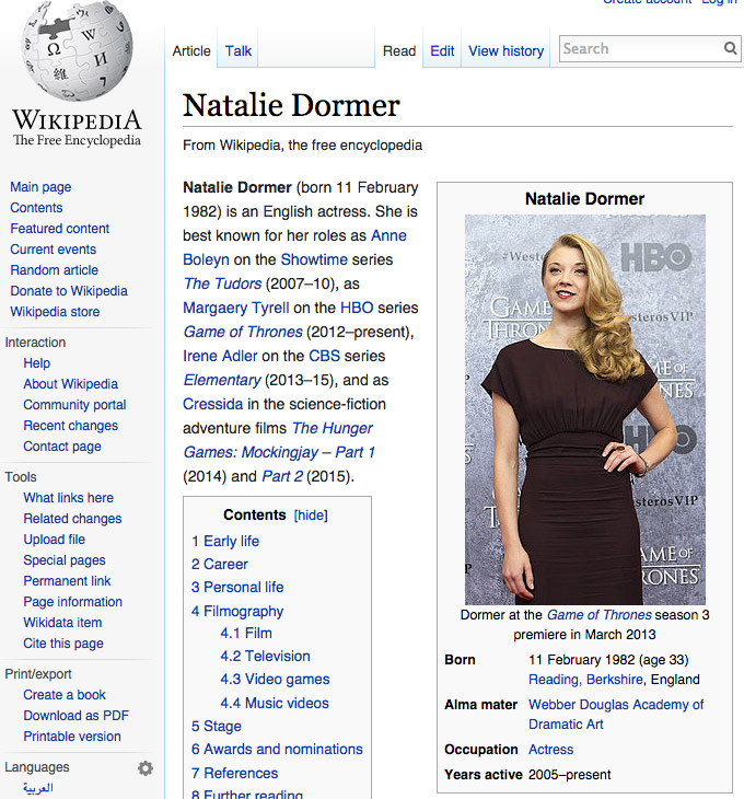 Natalie Dormer Wikipedia Page