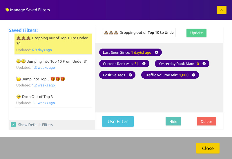 Saved Rank Tracking Filters